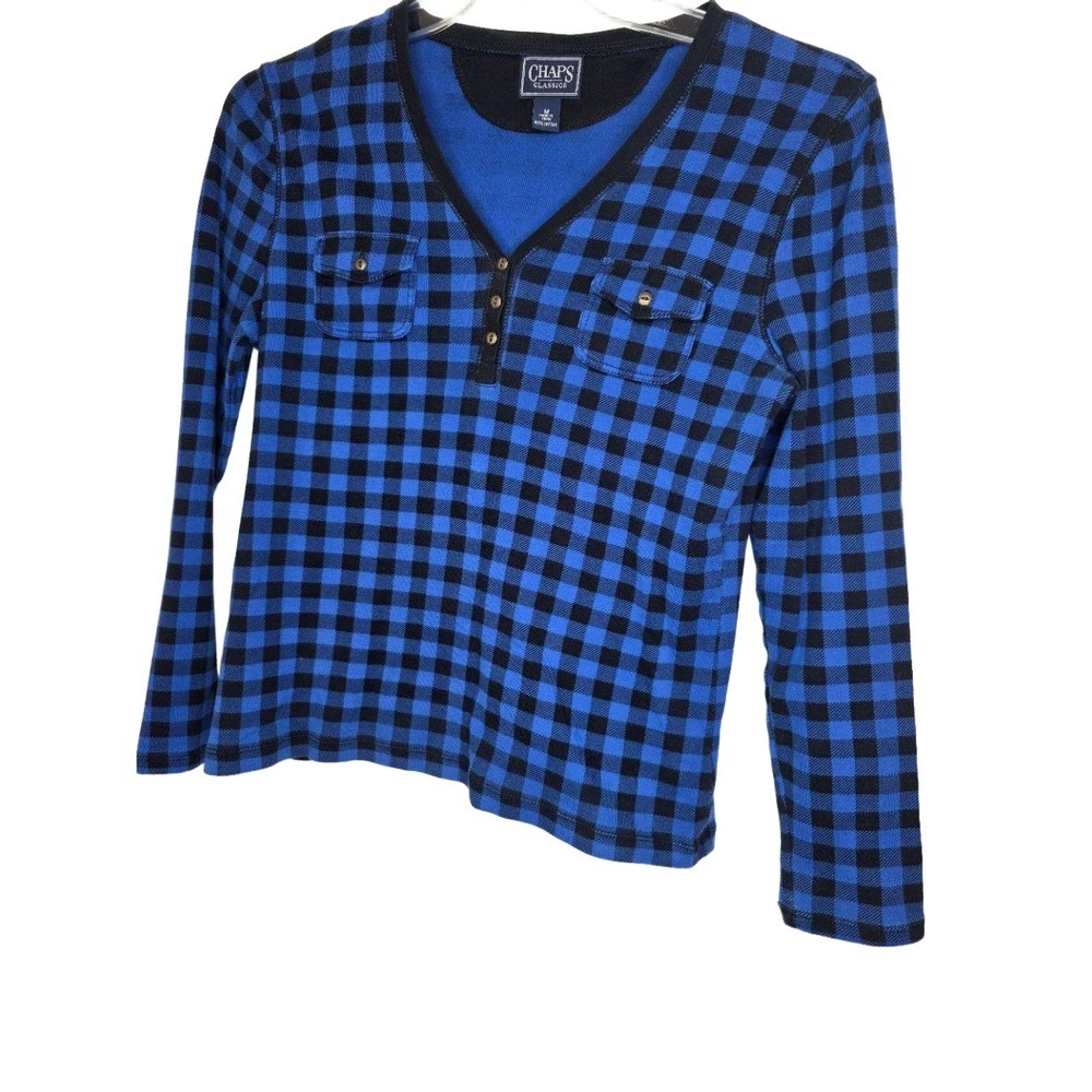 Chaps Classics Blue Black‎ Checked Pattern Long Sleeves Mini Pockets Medium